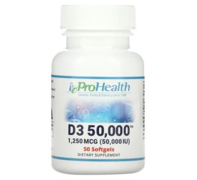 ProHealth Longevity, Vitamin D3 50,000, 1,250 mcg (50,000 IU), 50 Softgels
