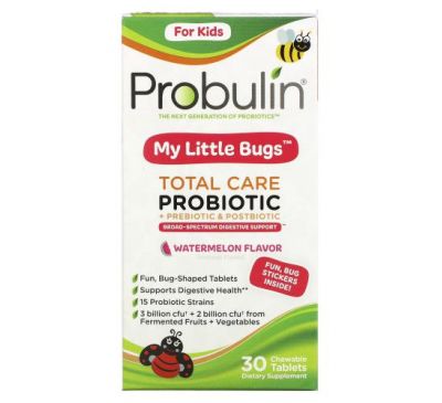 Probulin, For Kids, My Little Bugs, Total Care Probiotic + Prebiotic & Postbiotic, Watermelon, 30 Chewable Tablets