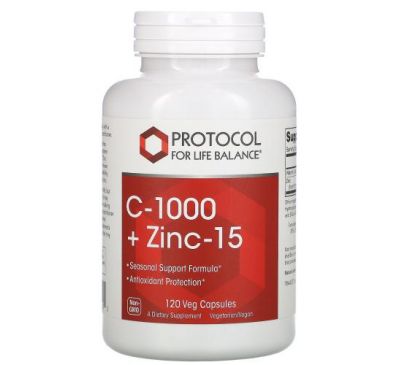 Protocol for Life Balance, C-1000 + цинк-15 для імунітету, 120 веганських капсул