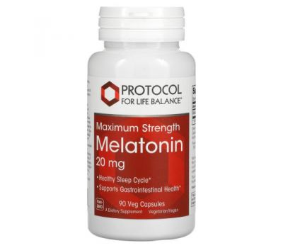 Protocol for Life Balance, Melatonin, Maximum Strength, 20 mg, 90 Veg Capsules