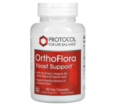 Protocol for Life Balance, OrthoFlora Yeast Support, поддержка здоровой кишечной флоры, 90 вегетарианских капсул