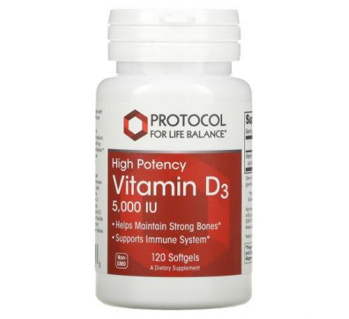 Protocol for Life Balance, Vitamin D3, High Potency, 5,000 IU, 120 Softgels