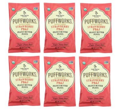 Puffworks, Арахисовая паста, клубника, PB&J, 6 пакетиков по 34 г (1,2 унции)
