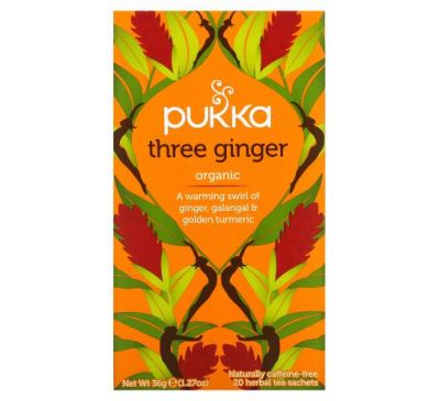Pukka Herbs, Three Ginger Herbal Tea, Caffeine Free, 20 Tea Sachets, 1.27 oz (36 g)