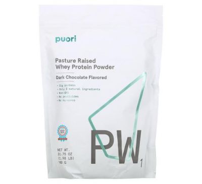 Puori, PW1, порошок сывороточного протеина из пастбищ, темный шоколад, 900 г (1,98 фунта)