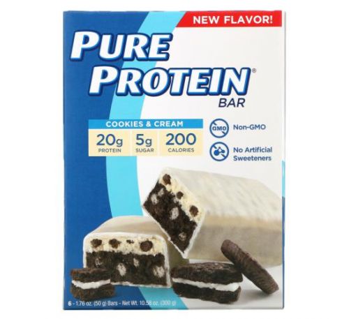 Pure Protein, Protein Bars, Cookies & Cream, 6 Bars, 1.76 oz (50 g) Each