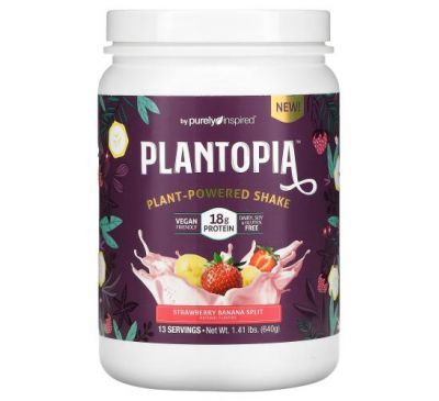 Purely Inspired, Plantopia, Plant-Powered Shake, Strawberry Banana Split, 1.41 lbs (640 g)