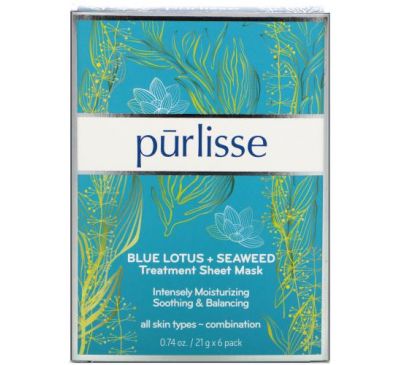 Purlisse, Blue Lotus + Seaweed, Treatment Sheet Mask, 6 Masks, 0.74 oz (21 g) Each