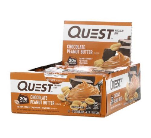 Quest Nutrition, Protein Bar, Chocolate Peanut Butter, 12 Bars, 2.12 oz (60 g) Each