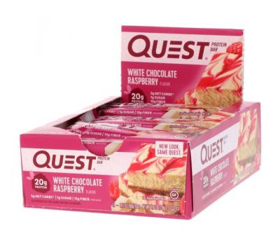 Quest Nutrition, Белковый батончик Quest, белый шоколад с малиной, 12 батончиков, 2,12 унц. (60 г) каждый