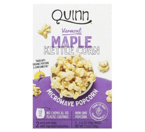 Quinn Popcorn, Microwave Popcorn, Vermont Maple Kettle Corn, 2 Bags, 3.5 oz (99 g) Each