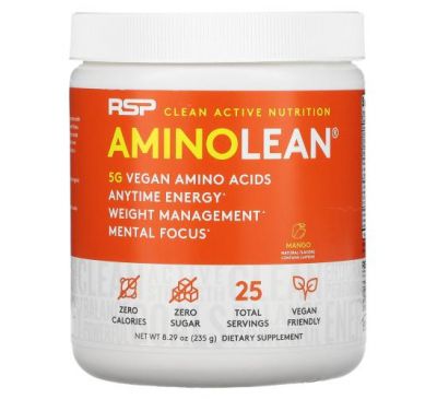 RSP Nutrition, AminoLean, незаменимые веганские аминокислоты, манго, 235 г (8,29 унции)