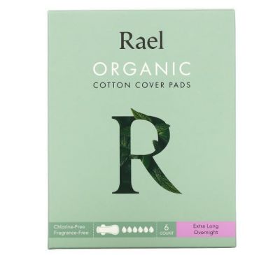 Rael, Organic Cotton Cover Pads, Extra Long Overnight, 6 Count