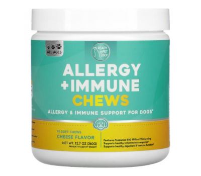 Ready Pet Go, Allergy + Immune Chews, For Dogs, All Ages, Cheese, 90 Soft Chews