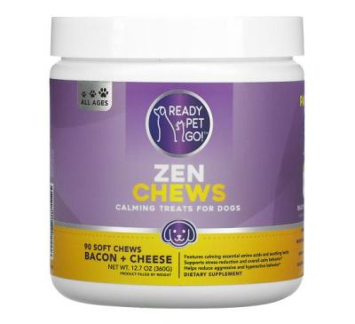 Ready Pet Go, Zen Chews, успокаивающее лакомство для собак, для всех возрастов, бекон и сыр, 90 мягких жевательных таблеток