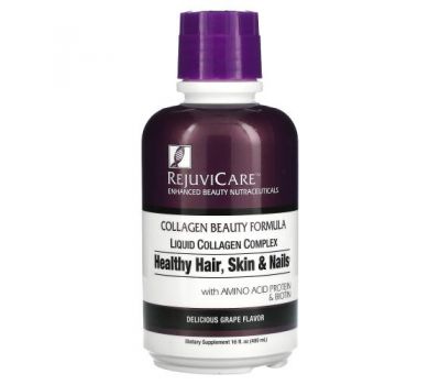 Rejuvicare, Collagen Beauty Formula, жидкий коллагеновый комплекс для здоровья волос, кожи и ногтей со вкусом винограда, 480 мл (16 жидк. унций)