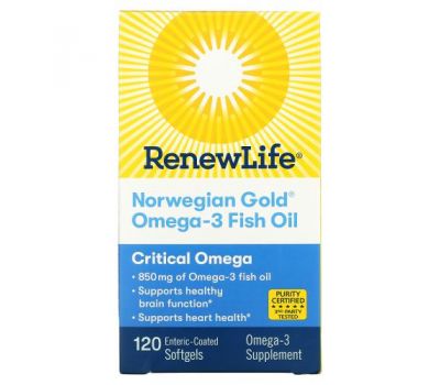 Renew Life, Norwegian Gold Omega-3 Fish Oil, 850 mg, 120 Enteric-Coated Softgels
