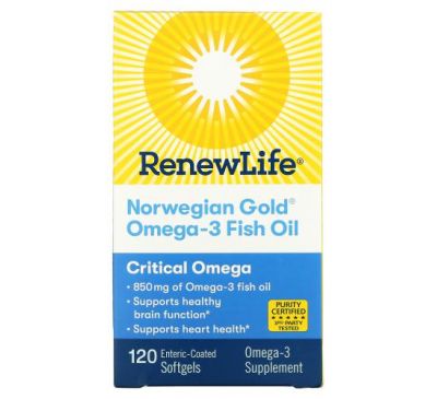 Renew Life, Norwegian Gold Omega-3 Fish Oil, 850 mg, 120 Enteric-Coated Softgels