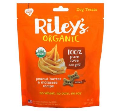 Riley’s Organics, Dog Treats, Small Bone, Peanut Butter & Molasses Recipe, 5 oz (142 g)