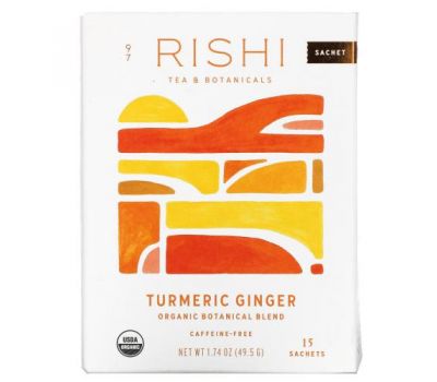 Rishi Tea, органическая растительная смесь, куркума и имбирь, без кофеина, 15 пакетиков, 49,5 г (1,74 унции)