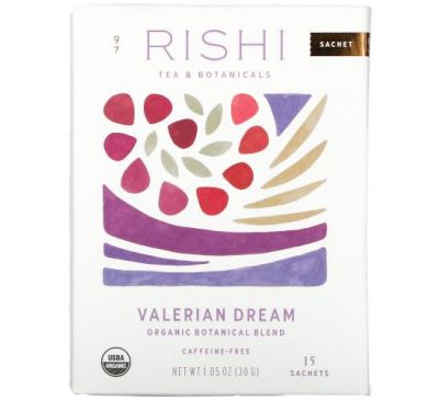 Rishi Tea, Organic Botanical Blend, Valerian Dream, Caffeine-Free, 15 Sachets, 1.05 oz (30 g)