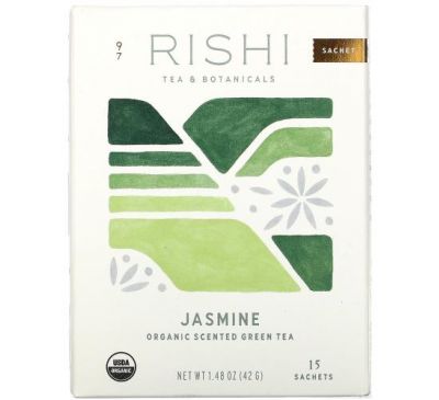 Rishi Tea, Органический ароматизированный зеленый чай, жасмин, 15 пакетиков, 1,48 унции (42 г)