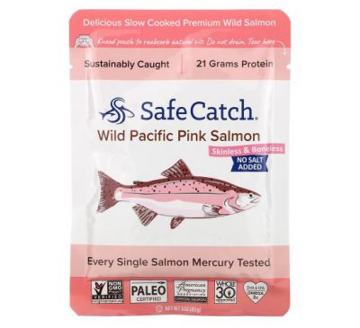 Safe Catch, Wild Pacific Pink Salmon, Skinless & Boneless, No Salt Added, 3 oz (85 g)