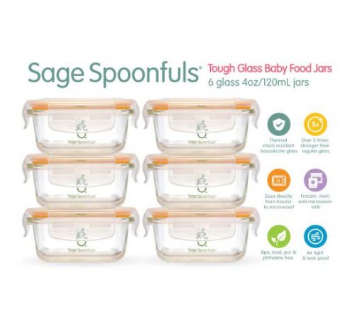Sage Spoonfuls, Tough Glass Tubs, 6 Pack, 4 oz (120 ml) Each