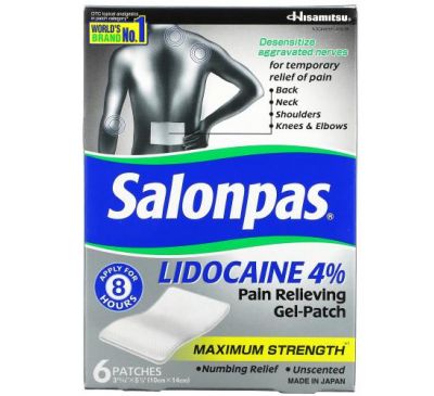 Salonpas, Lidocaine 4% Pain Relieving Gel-Patch, Maximum Strength, Unscented, 6 Patches