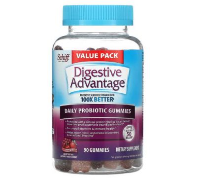 Schiff, Digestive Advantage, Ежедневные жевательные конфеты с пробиотиками, натуральные фруктовые вкусы, 90 жевательных конфет
