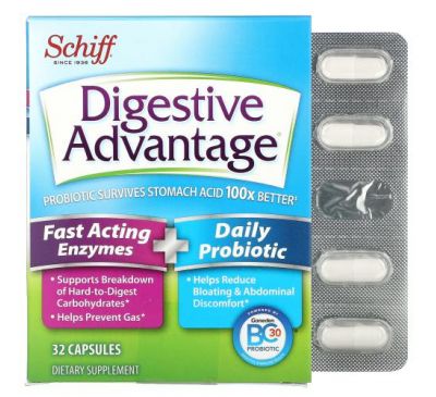 Schiff, Digestive Advantage, Fast Acting Enzymes + Daily Probiotic, 32 Capsules