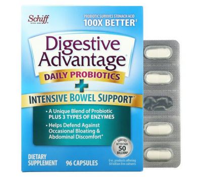 Schiff, Digestive Advantage, пробіотик для щоденного застосування, інтенсивна підтримка функції кишечника, 96 капсул