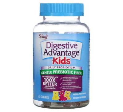 Schiff, Digestive Advantage Kids, щоденні пробіотики та пребіотична клітковина для дітей, натуральні фрукти, 65 жувальних таблеток
