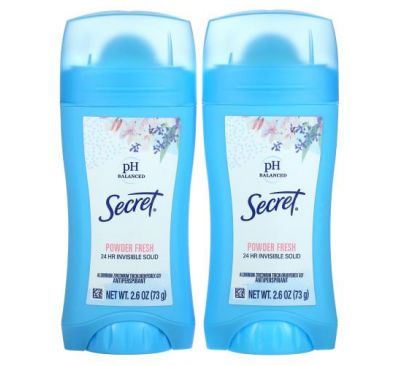 Secret, твердий антиперспірант/дезодорант зі збалансованим рівнем pH, невидимий захист, свіжий пудровий аромат, два продукти по 73 г (2,6 унції)
