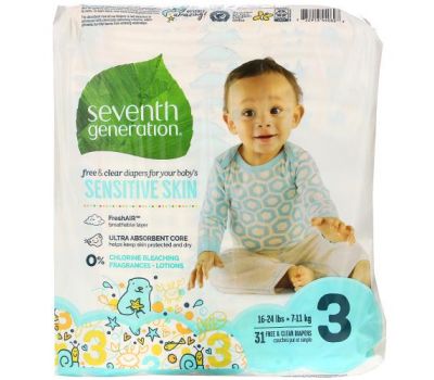 Seventh Generation, Free & Clear Diapers, Size 3, 16-24 lbs, 31 Diapers