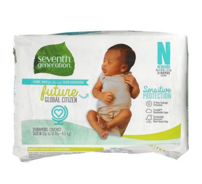 Seventh Generation, Sensitive Protection Diapers, Size N, Up to 10 lbs, 31 Diapers