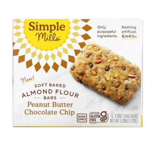 Simple Mills, Soft Baked Almond Flour Bars, Peanut Butter Chocolate Chip, 5 Bars, 1.19 oz (34 g) each