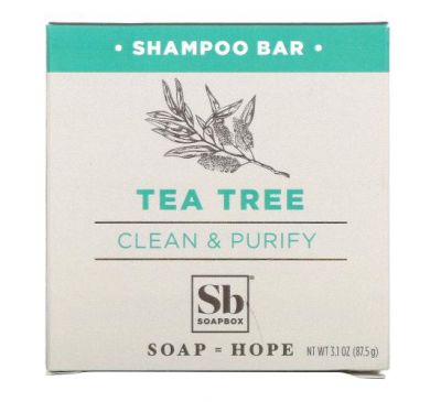 Soapbox, Tea Tree Shampoo Bar with Coconut Oil & Shea, Clean & Purify, 3.1 oz (87.5 g)