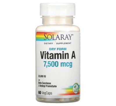 Solaray, Dry Form Vitamin A, 7,600 mcg, 60 VegCaps