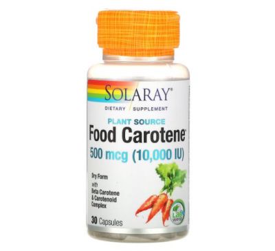 Solaray, Food Carotene, бета-каротин і комплекс каротиноїдів, 500 мкг (10 000 МО), 30 капсул