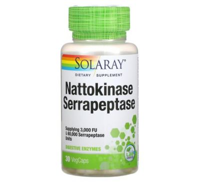 Solaray, наттокиназа и серрапептаза, 30 вегетарианских капсул