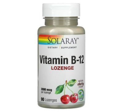 Solaray, витамин B12, пастилки с натуральным ароматизатором «Вишня», 2000 мкг, 90 пастилок