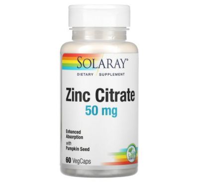 Solaray, Zinc Citrate with Pumpkin Seed, 50 mg, 60 VegCaps