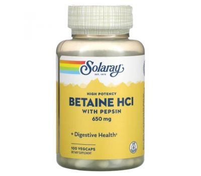 Solaray, високоефективний бетаїну гідрохлорид із пепсином, 650 мг, 100 капсул VegCaps