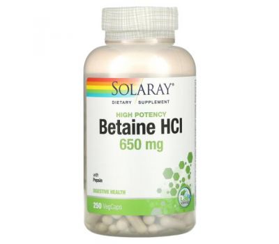 Solaray, високоефективний бетаїну гідрохлорид із пепсином, 650 мг, 250 капсул VegCaps