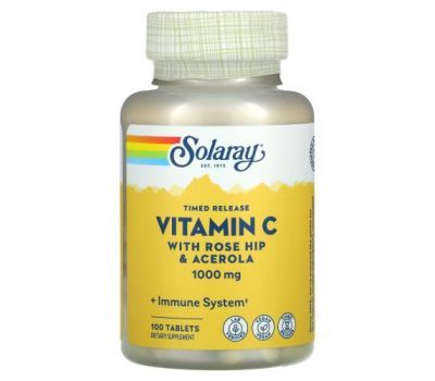Solaray, вітамін C повільного вивільнення, з шипшиною й ацеролою, 1000 мг, 100 таблеток