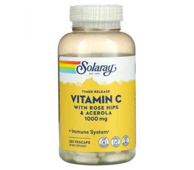 Solaray, вітамін C повільного вивільнення, з шипшиною й ацеролою, 1000 мг, 250 капсул VegCaps