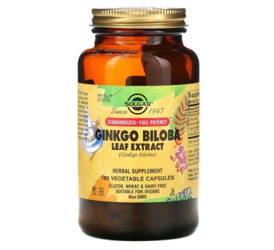 Solgar, Ginkgo Biloba Leaf Extract, 180 Vegetable Capsules