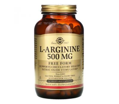 Solgar, L-Arginine, Free Form, 500 mg, 250 Vegetable Capsules
