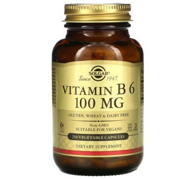 Solgar, Витамин В6, 100 мг, 250 растительных капсул
